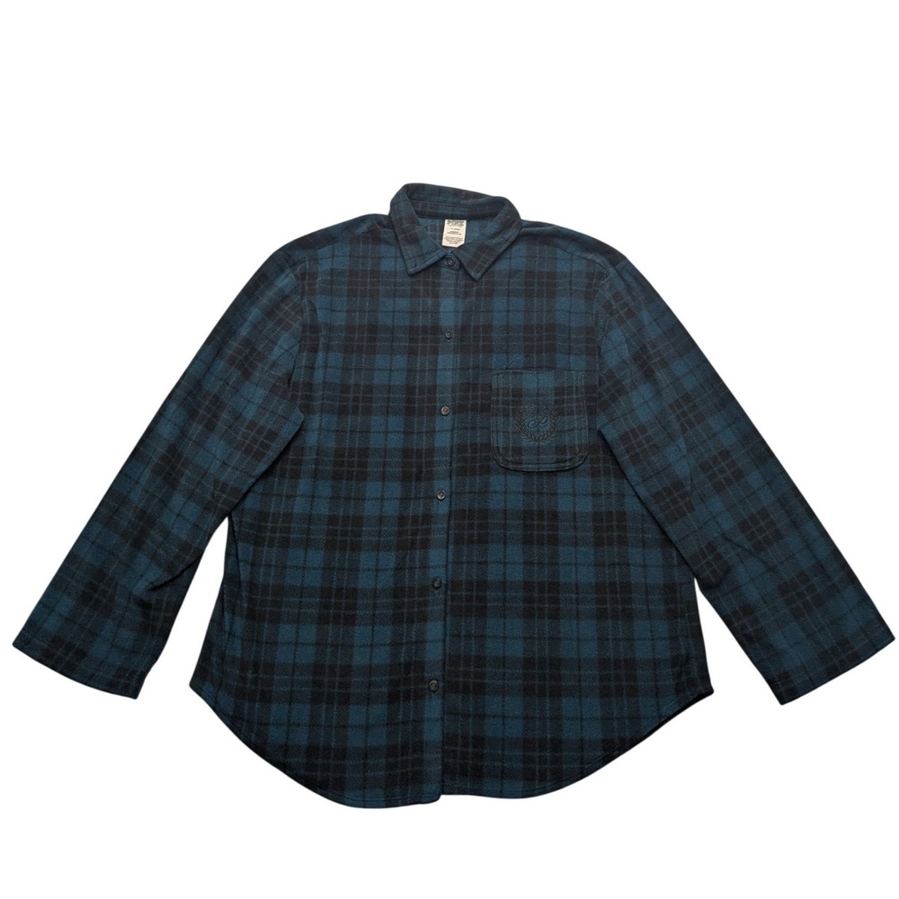 PINK Victoria's Secret Sleep Shirt Women Large Teal Black Plaid Fleece Button Up